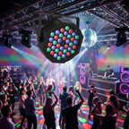 DJ performing on a colorful stage with lights and crowd