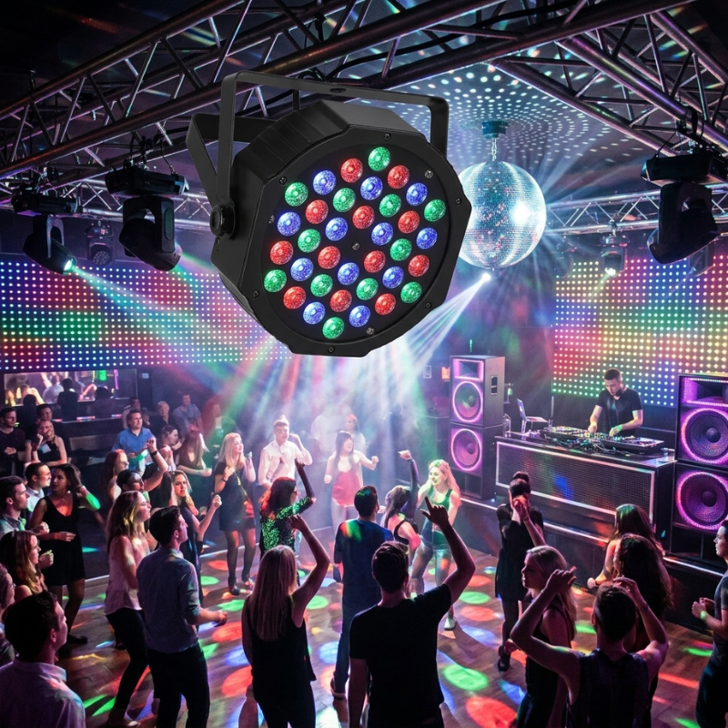 DJ performing on a colorful stage with lights and crowd