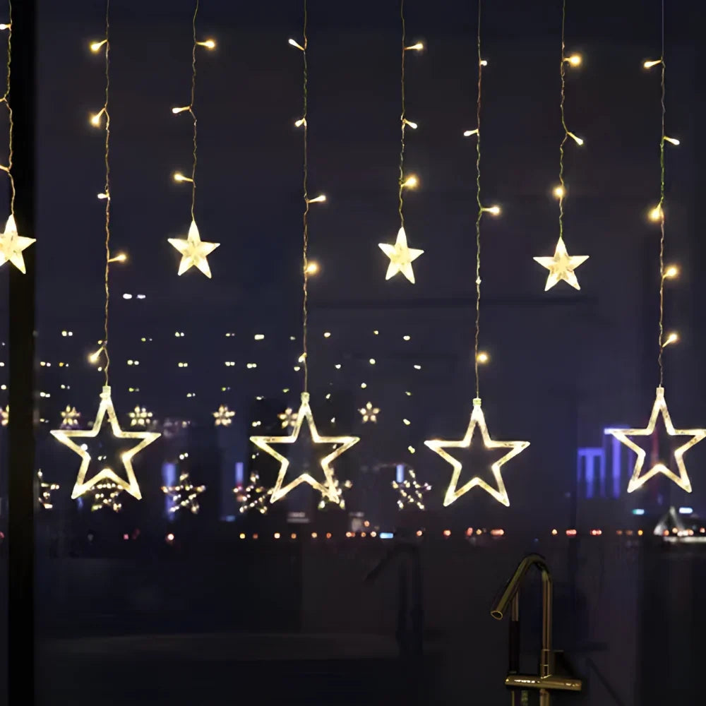 LED Star Curtain Light with 5 Warm White Stars and Timer Function for Indoor and Outdoor Use 0
