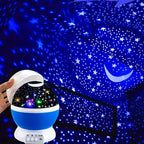 Starry night light projector projecting stars and moon onto a dark background