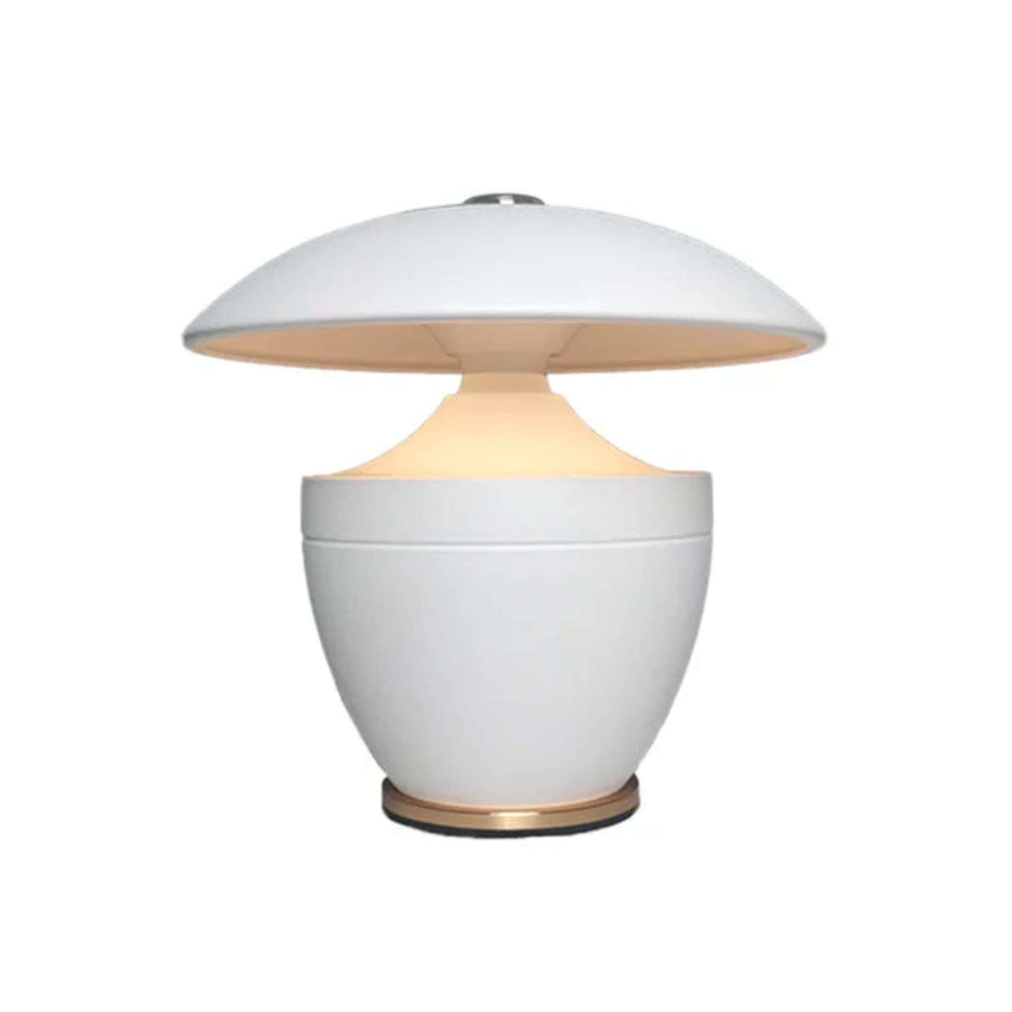 White table lamp with a round base and dome-shaped shade on a white background