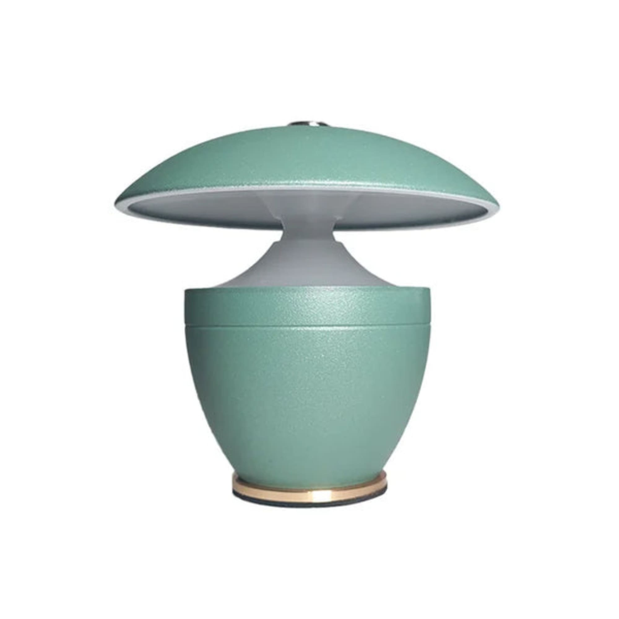 Teal table lamp with a white base on a white background