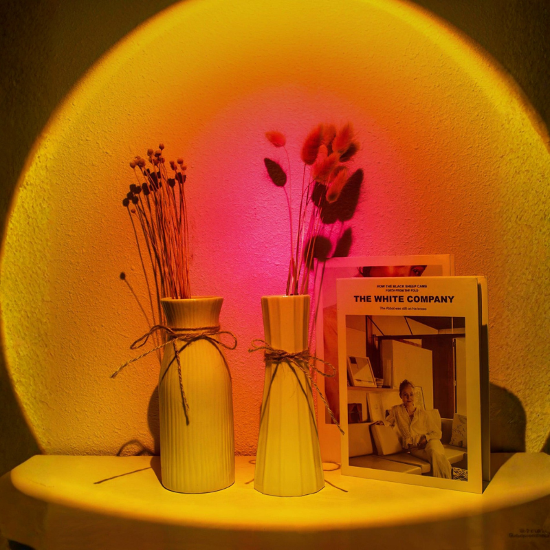 Two vases with dried plants on a table with a warm glow