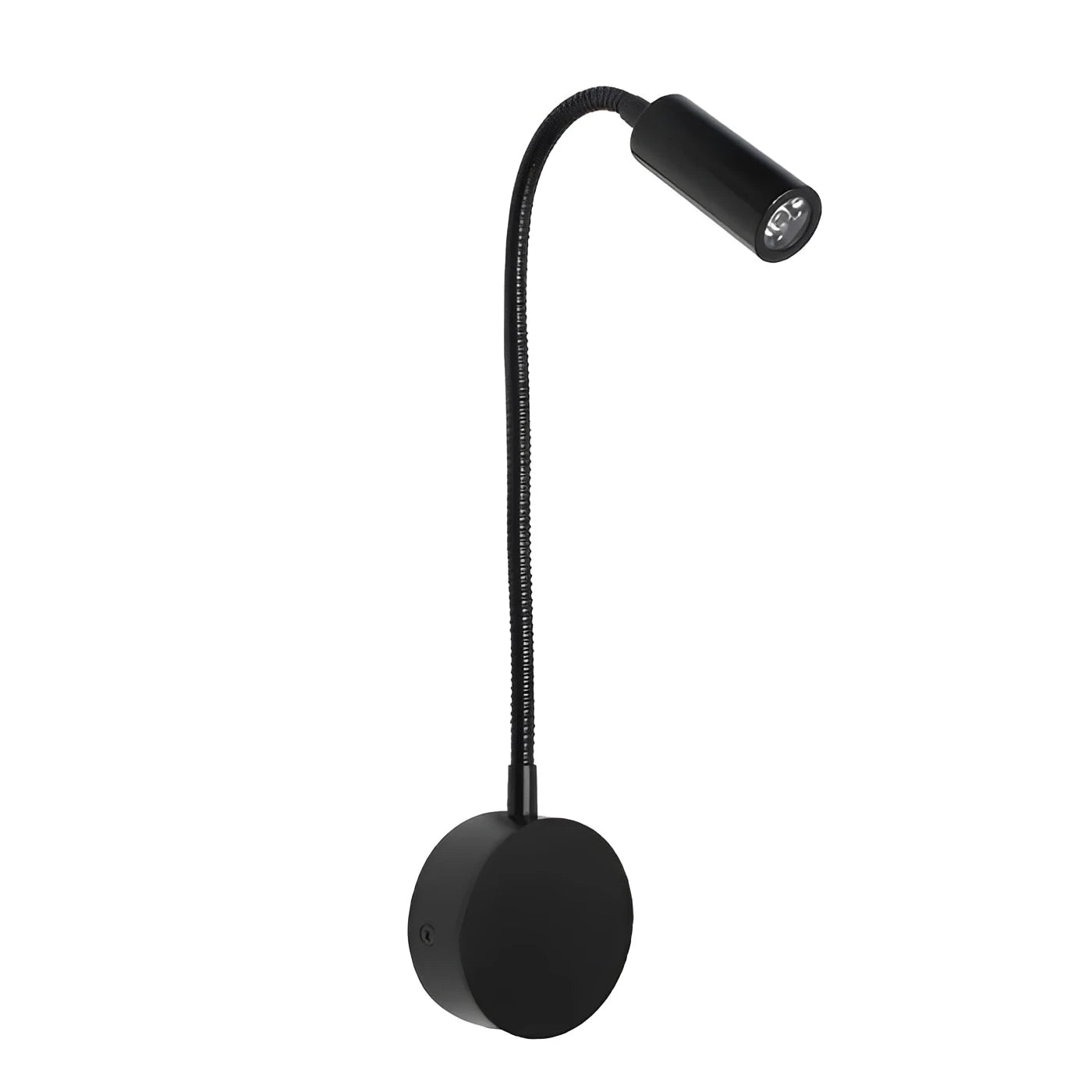 Black wall-mounted reading light with flexible neck on a white background