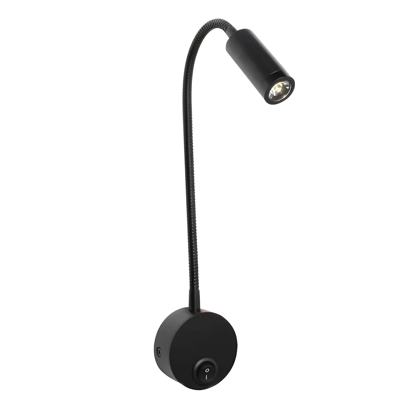 Black wall-mounted reading lamp with flexible neck on a white background