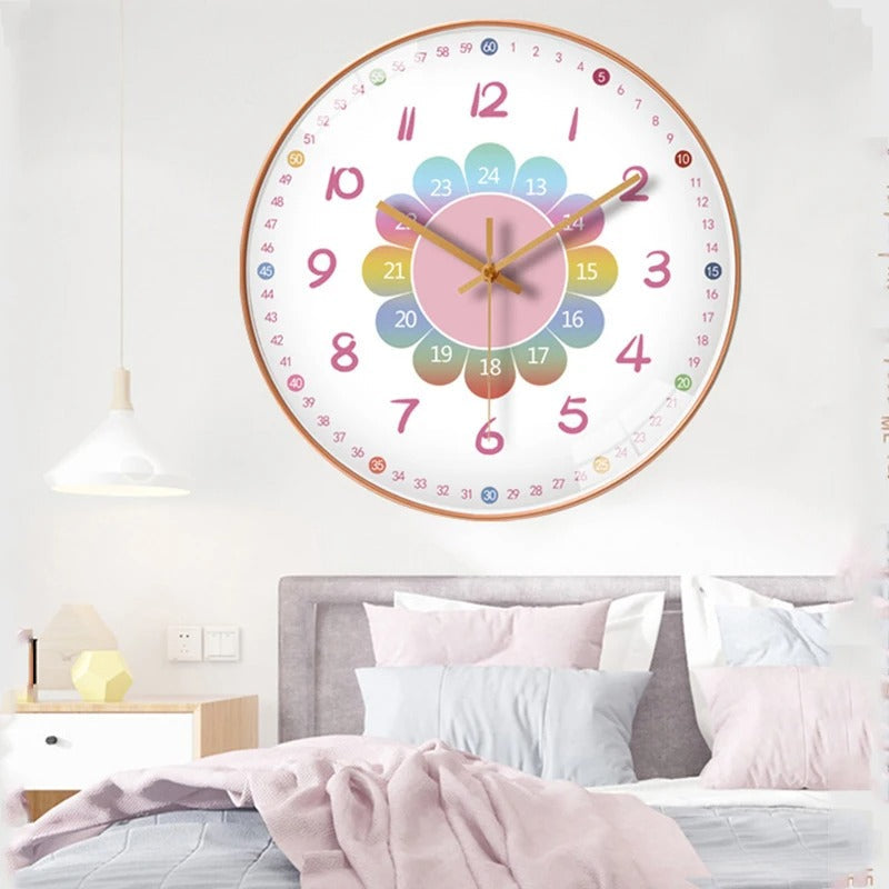 Colorful wall clock on a wall above a bed in a bedroom setting