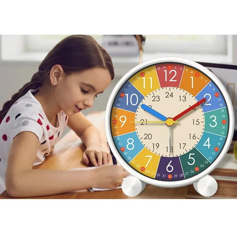 Colorful clock with a young girl looking at it