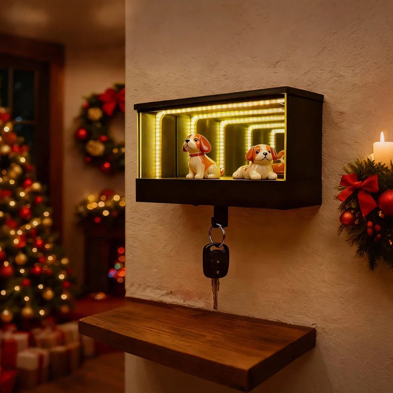 Decorative wall shelf with LED lights and dog figurines, Christmas tree and wreaths in the background.