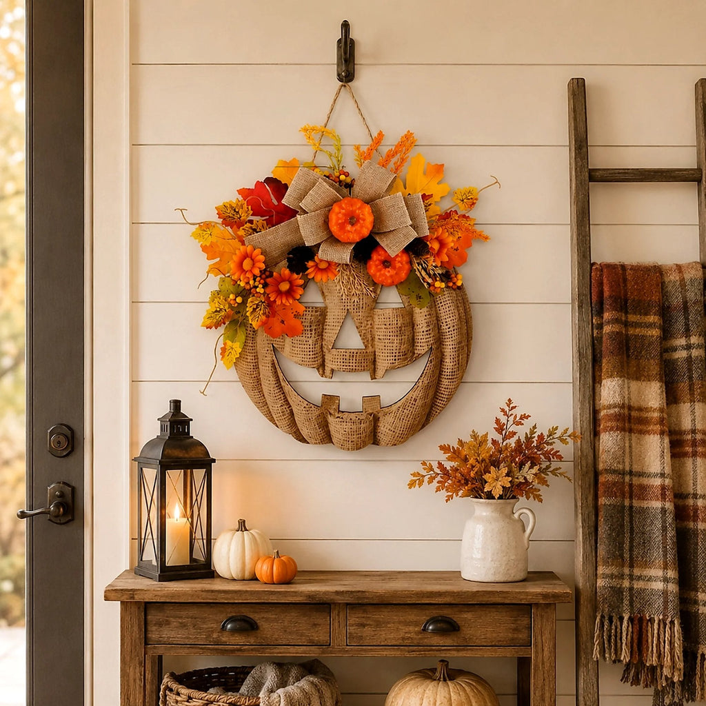 An autumn-themed burlap jack-o'-lantern wall hanging decorated with orange and yellow flowers, faux leaves, and a large burlap bow, displayed on a cream shiplap wall above a rustic wooden console table with seasonal decor.