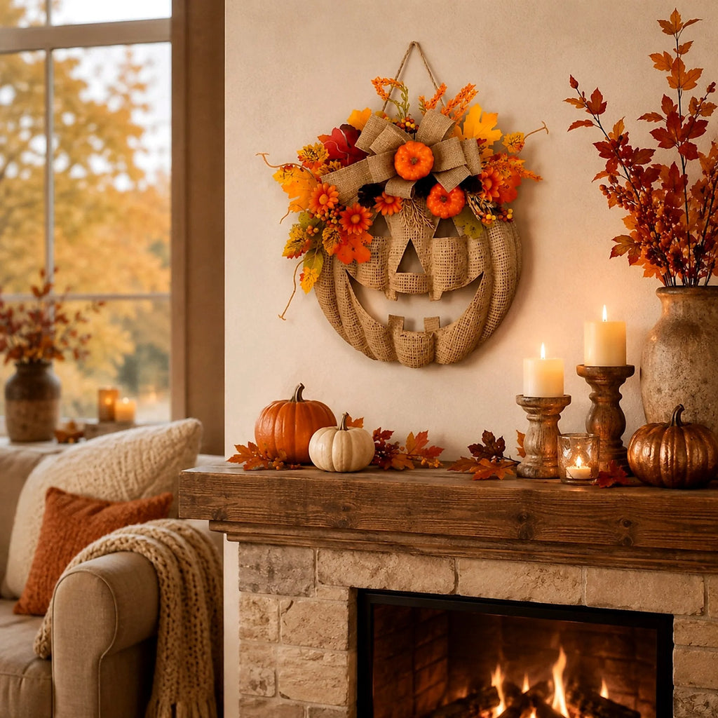 A burlap jack-o'-lantern wall hanging decorated with orange and yellow autumn flowers and leaves, displayed above a fireplace mantel with candles, pumpkins, and fall foliage in a cozy living room setting.