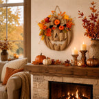 A burlap jack-o'-lantern wall hanging decorated with orange and yellow autumn flowers and leaves, displayed above a fireplace mantel with candles, pumpkins, and fall foliage in a cozy living room setting.