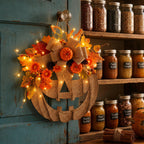 A rustic Halloween wreath made of burlap with a carved jack-o'-lantern face, decorated with orange pumpkins, autumn leaves, flowers, and warm string lights, hanging on a distressed blue wooden door next to shelves filled with jars of spices.