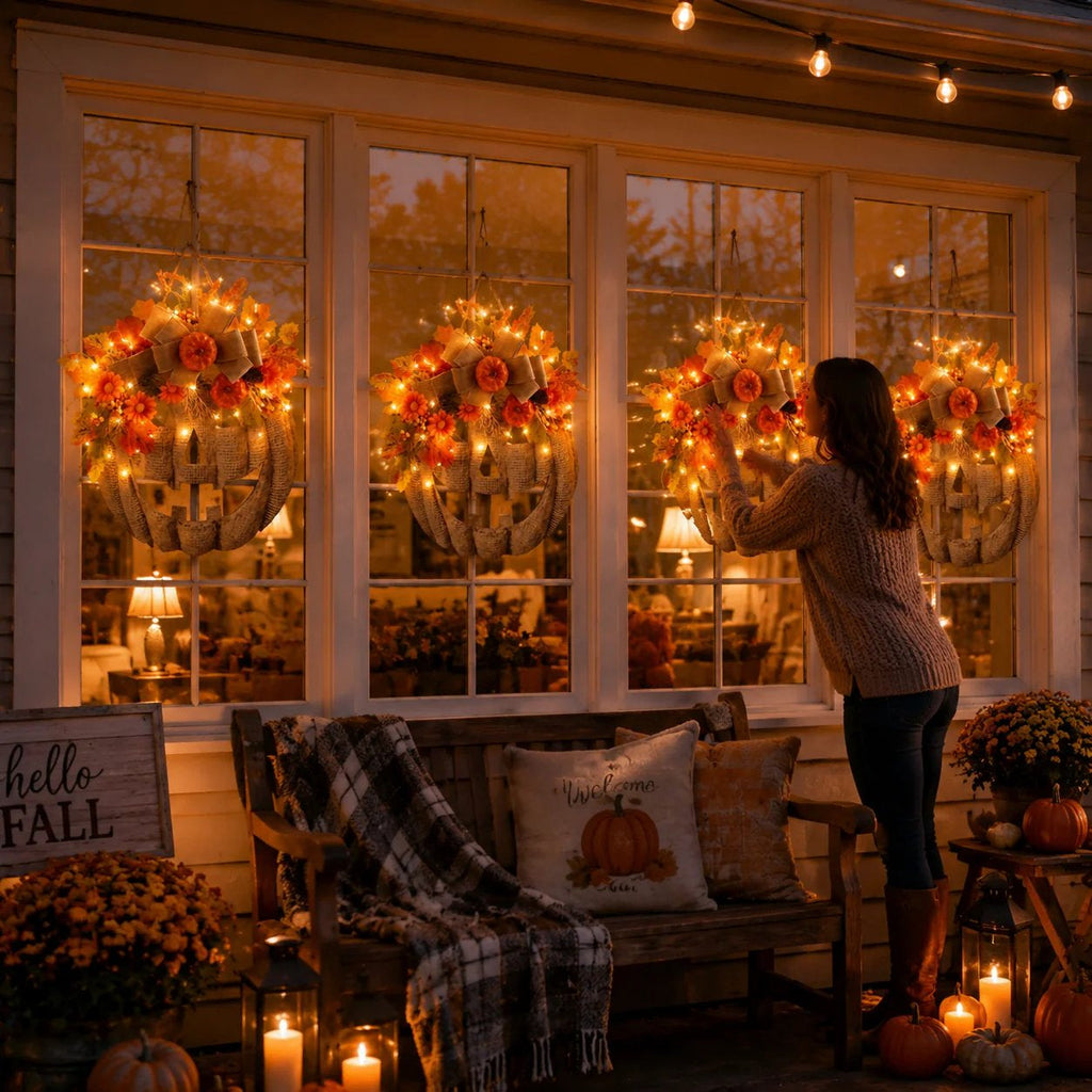 A woman decorates a fall-themed porch with glowing wreaths hanging in large windows. The scene includes a wooden bench with pillows, string lights, candles, pumpkins, and a 'hello FALL' sign on a dimly lit evening porch.