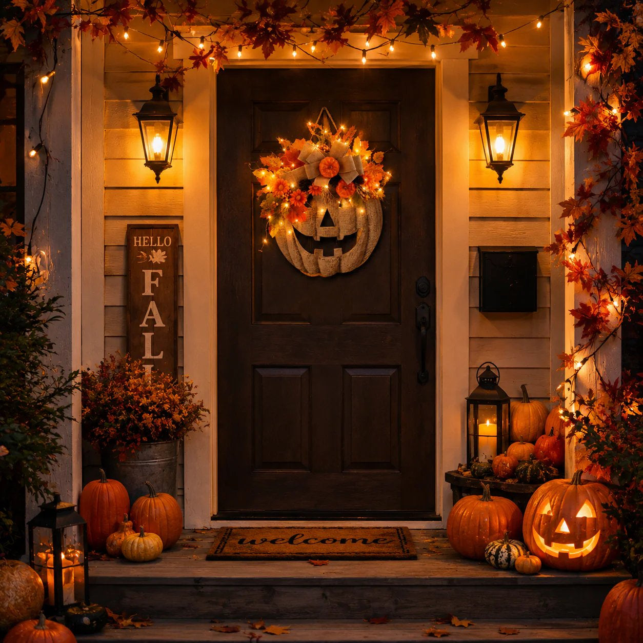 A beautifully decorated autumn front porch with a dark wooden door featuring a glowing jack-o'-lantern wreath, warm string lights, pumpkins, lanterns, fall foliage garlands, and a rustic 'HELLO FAL' sign.