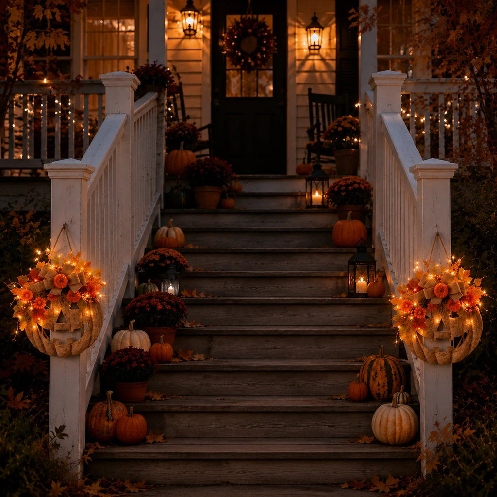 A beautifully decorated autumn front porch with wooden stairs, glowing string lights, pumpkins, potted plants, and hanging jack-o'-lantern lanterns on white railings.