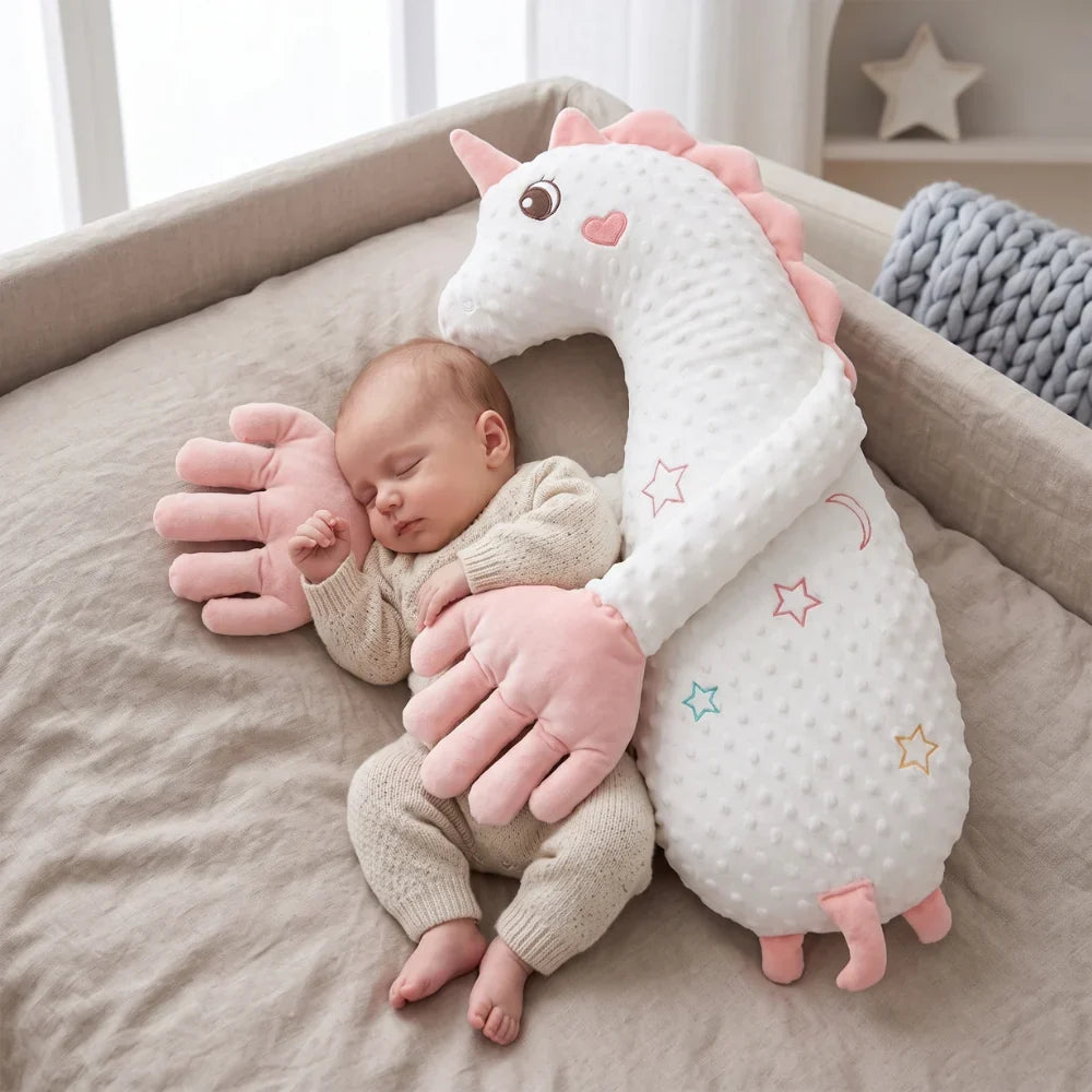 A sleeping newborn baby is nestled inside a large white and pink unicorn-shaped baby pillow with soft pink hand-shaped accents, set in a soft beige bassinet or crib.