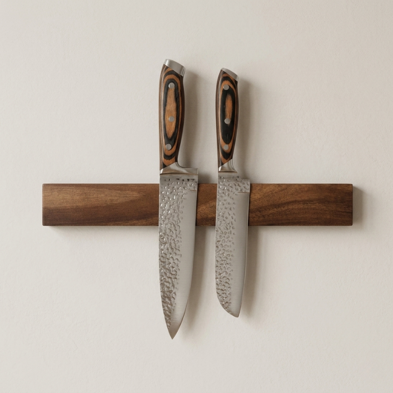 Two knives with wooden handles on a magnetic strip against a light background