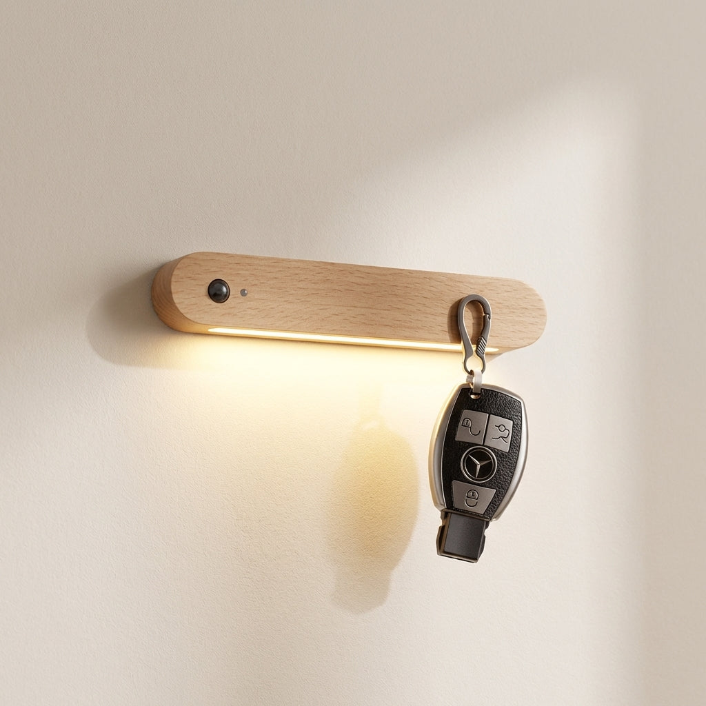 Wall-mounted light fixture with a key holder on a beige wall
