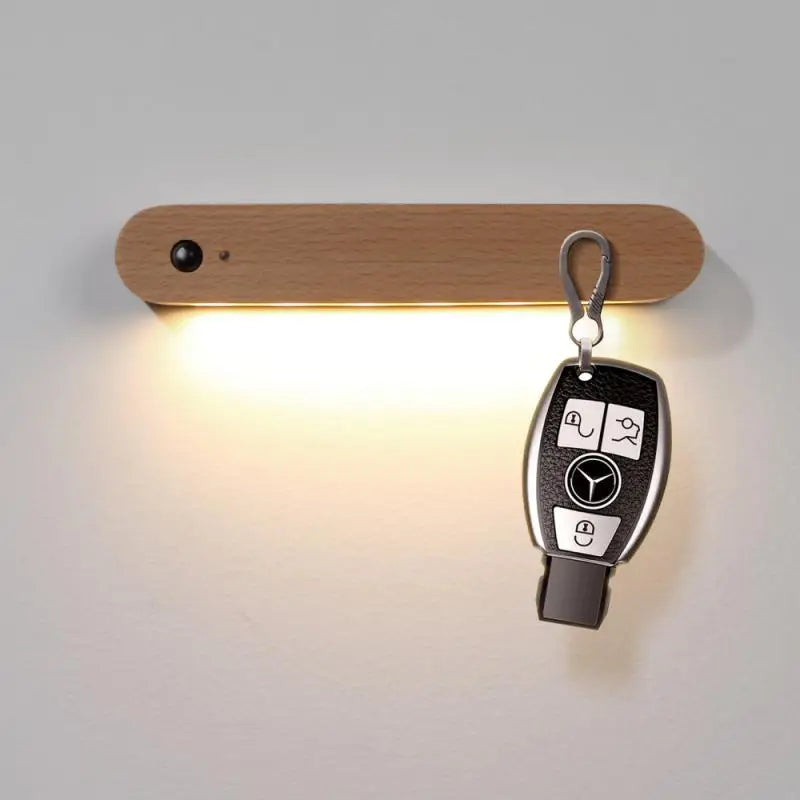 Magnetic Wooden Key Holder for Wall with Motion Sensor LED Nightlight, Natural Beech Wood, Rechargeable 1W LED 1
