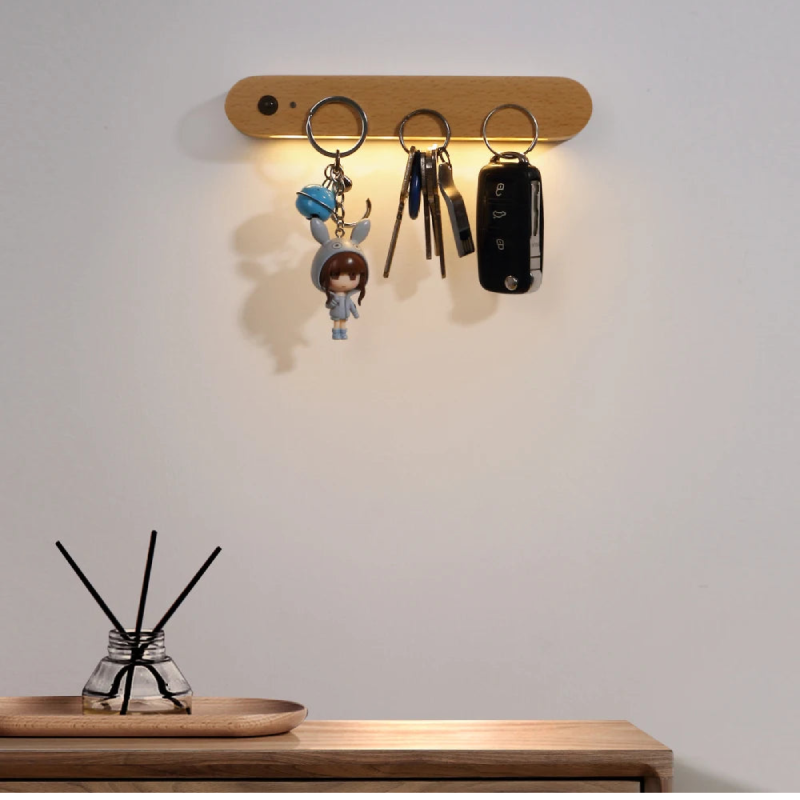 Magnetic Wooden Key Holder for Wall with Motion Sensor LED Nightlight, Natural Beech Wood, Rechargeable 1W LED 2