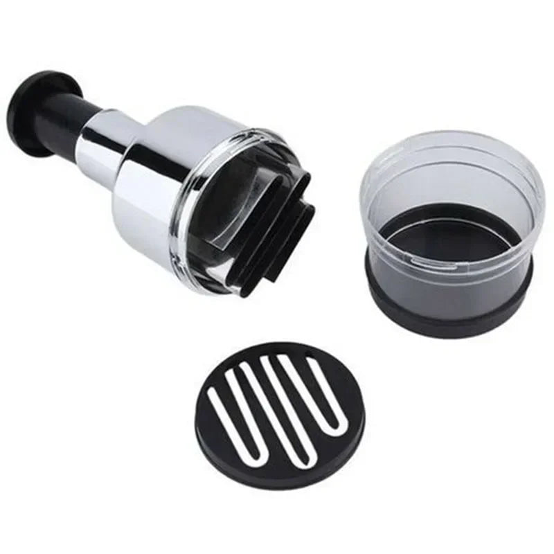 Chrome faucet handle with black and clear components on a white background