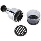 Chrome faucet handle with black and clear components on a white background