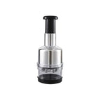 Metallic kitchen tool with black accents on a white background