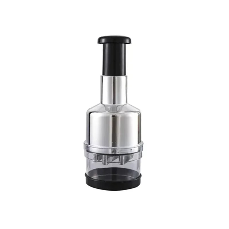 Metallic kitchen tool with black accents on a white background