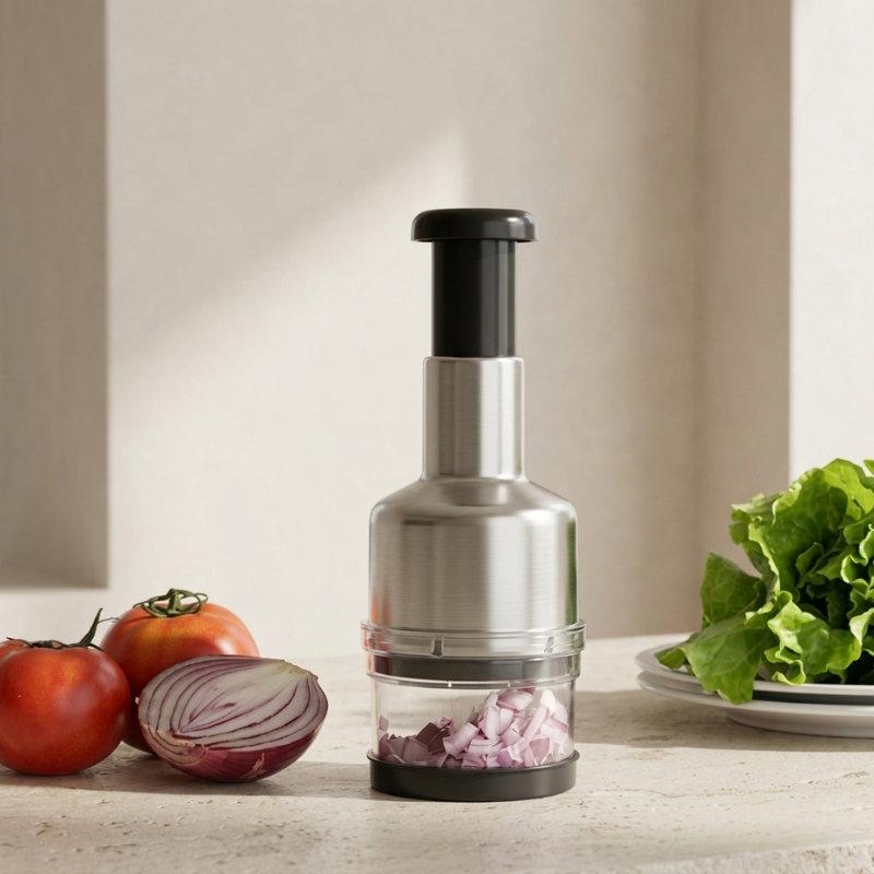 Handheld vegetable chopper with chopped onions on a kitchen counter with tomatoes and lettuce.