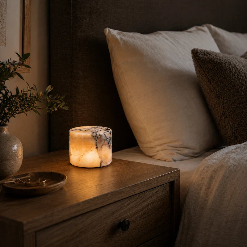 Luminous candle on a wooden nightstand next to a bed with pillows