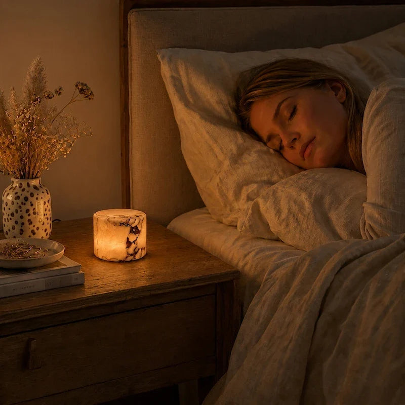 Woman sleeping in bed with a lit candle on the nightstand
