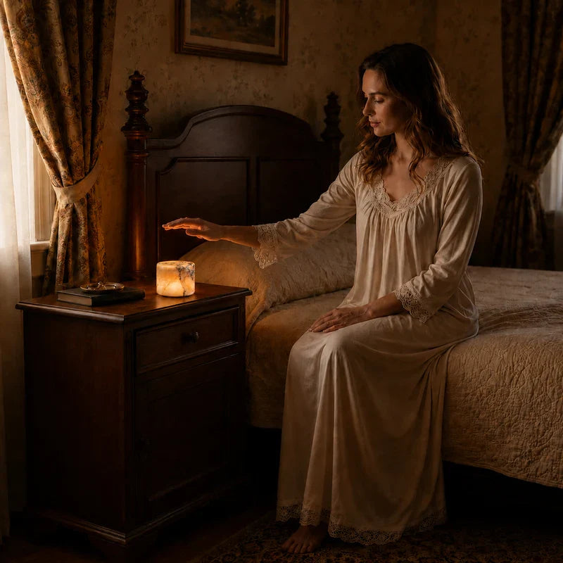 Woman in a white nightgown sitting on a bed in a dimly lit room, reaching for a candle.