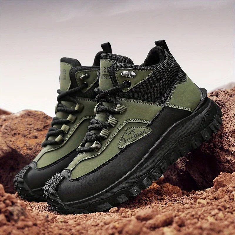 Green and black hiking boots on a rocky surface