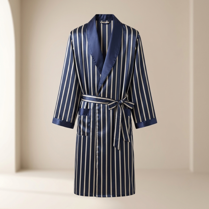 Navy and white striped robe with satin trim on a beige background