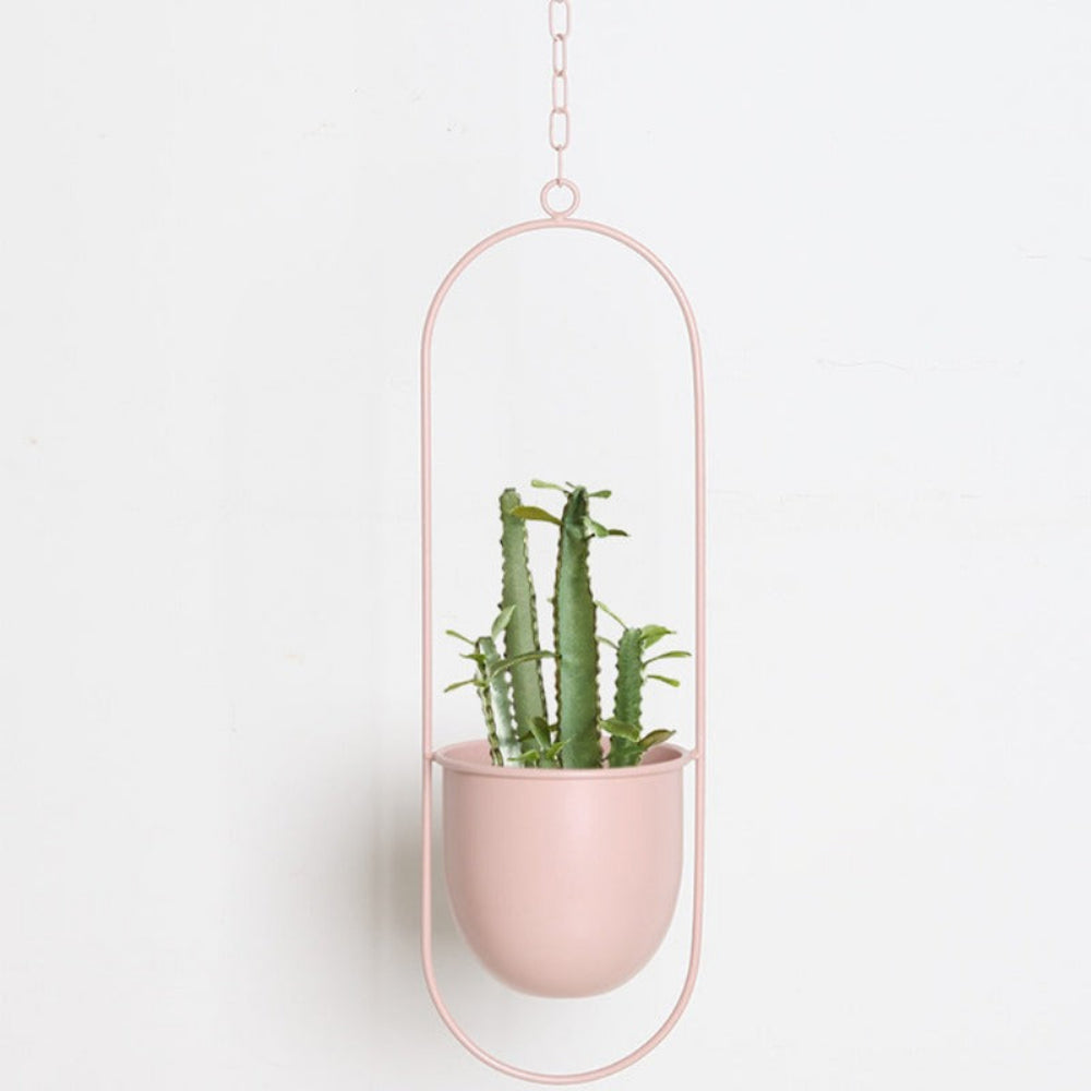 Pink hanging planter with a cactus on a light gray background