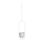 A minimalist white hanging planter with a matte finish, featuring a thin arched frame and a matching hanging chain with a hook at the top, shown against a plain white background.