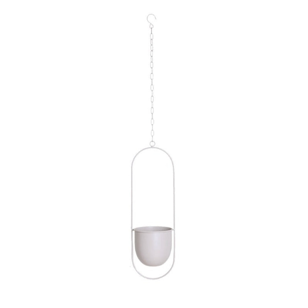 A minimalist white hanging planter with a matte finish, featuring a thin arched frame and a matching hanging chain with a hook at the top, shown against a plain white background.