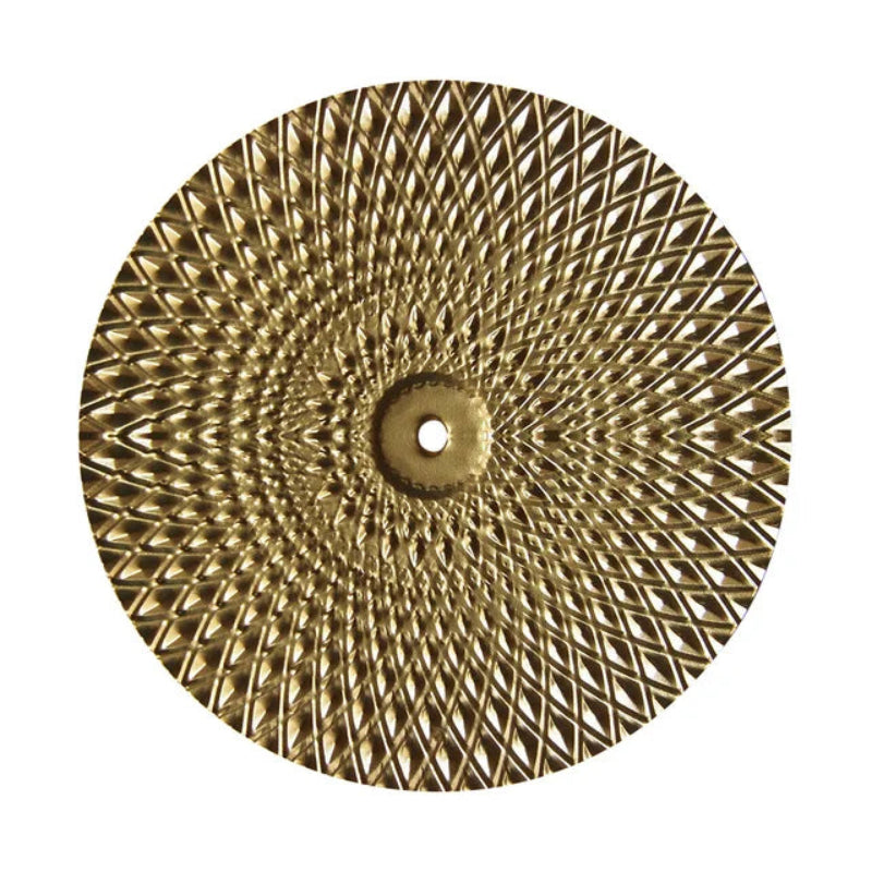 Round metallic disc with a textured pattern on a white background