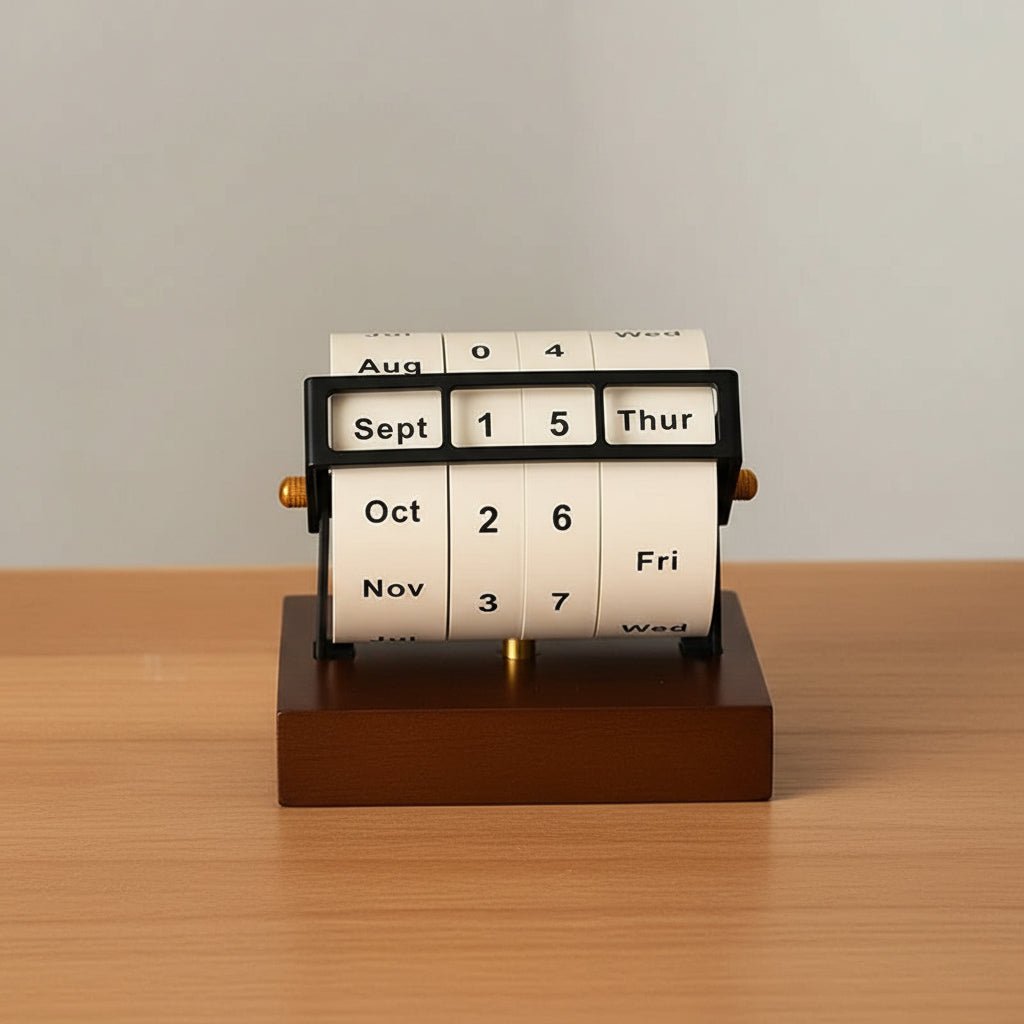 Mid-Century Wooden Rotary Calendar - Stylish Desk Accessory, Timeless Design 0