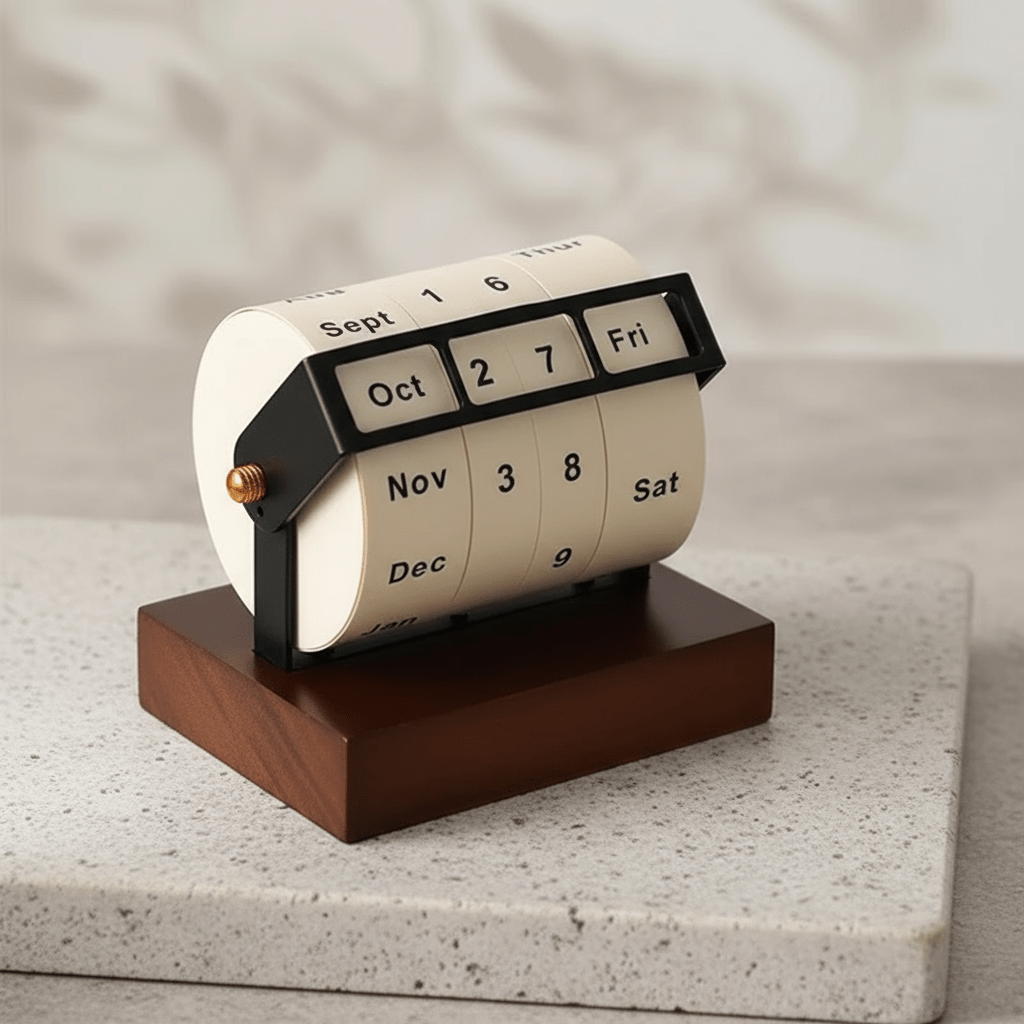 Mid-Century Wooden Rotary Calendar - Stylish Desk Accessory, Timeless Design 4