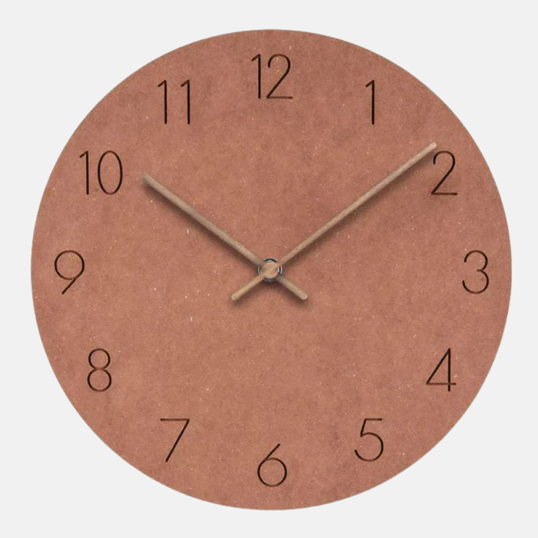 Round wall clock with brown wooden finish on a white background