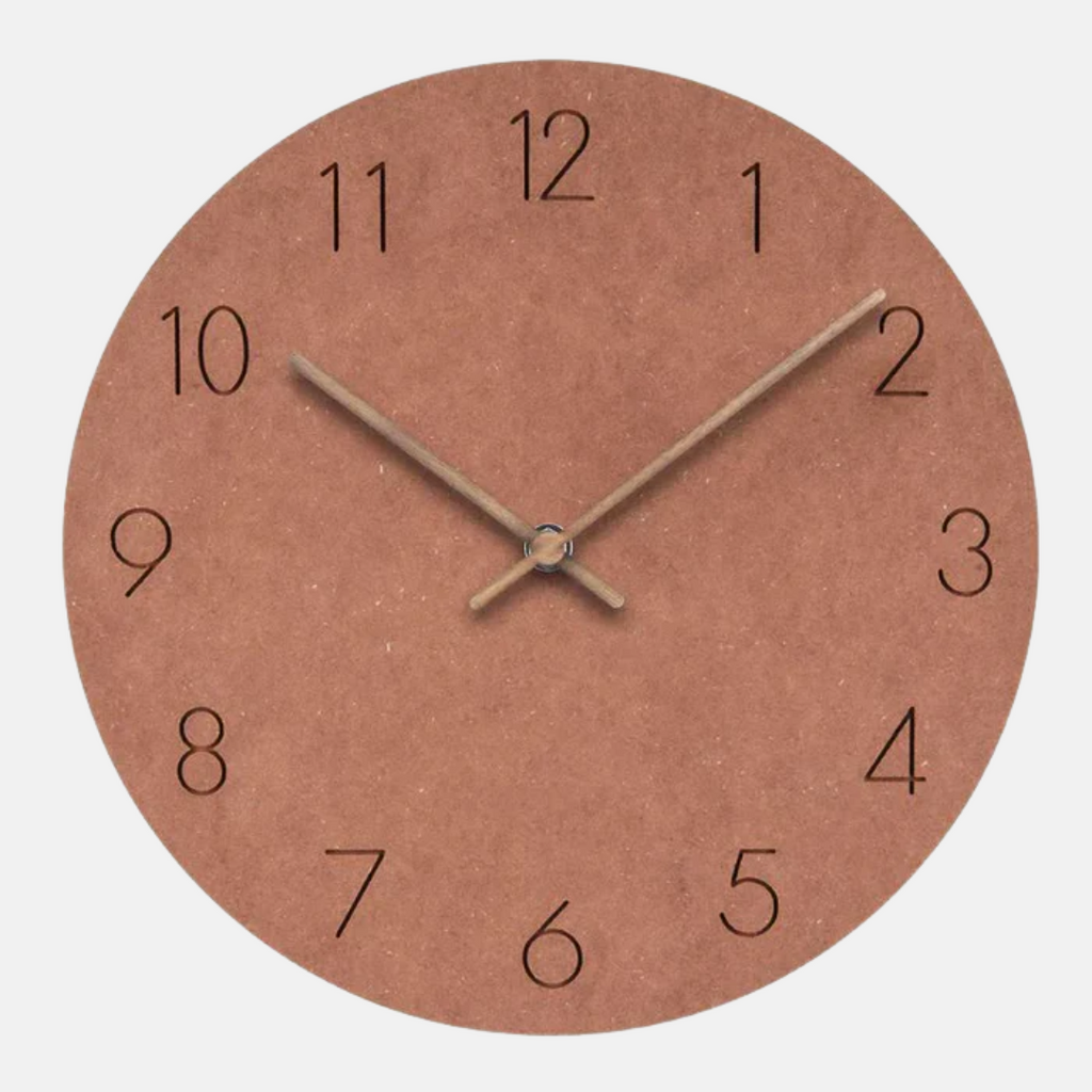 Round wall clock with brown wooden finish on a white background
