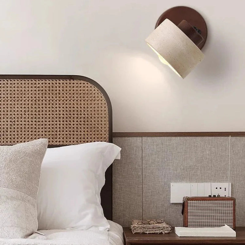 Minimalist Wall Sconce Light - Natural Travertine & Wood Design 6