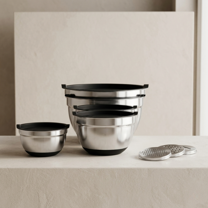 Set of stainless steel mixing bowls with black lids on a neutral background