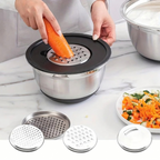 Person using a metal vegetable grater to shred a carrot on a marble countertop.