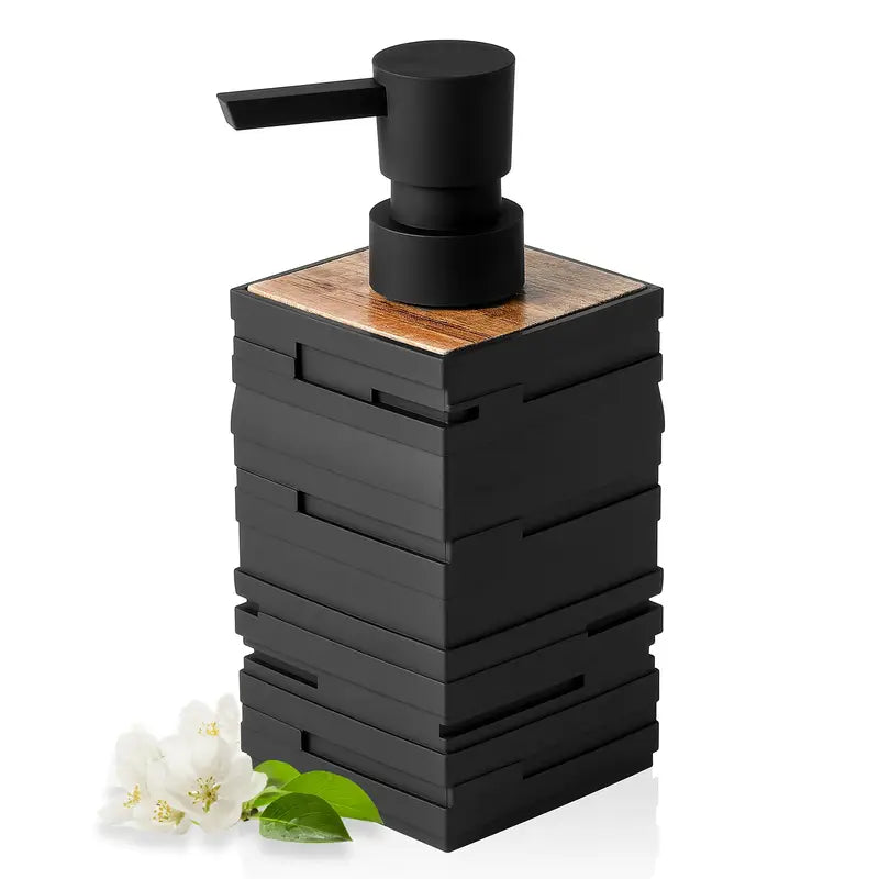 Modern Matte Black Soap Dispenser with Wood Accent – 320ml Kitchen Hand Soap or Dish Soap Dispenser 0