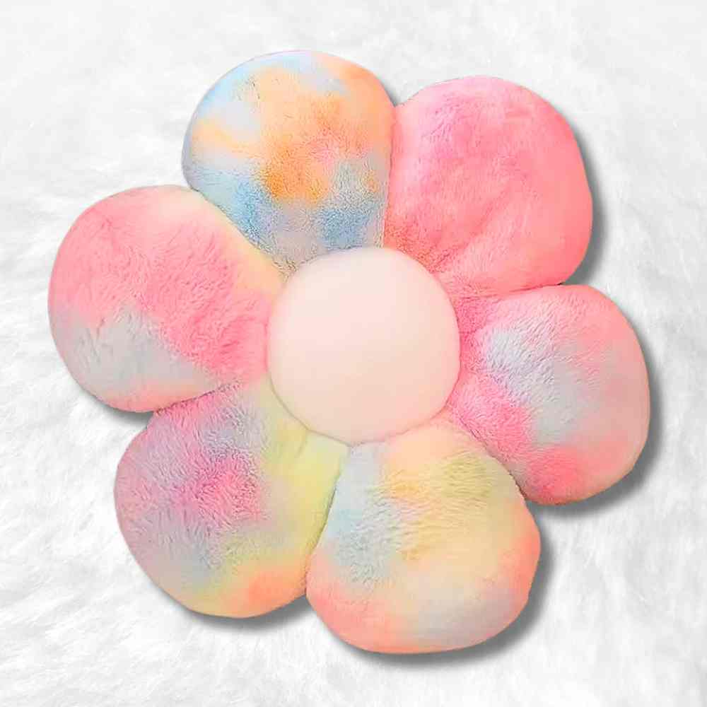 Flower-shaped plush toy with multicolored petals on a white background