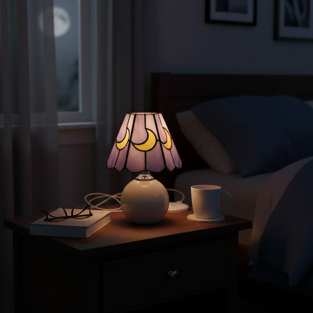 Mushroom Moon Stained Glass Table Lamp - Artistic Bedroom & Living Room Accent 8