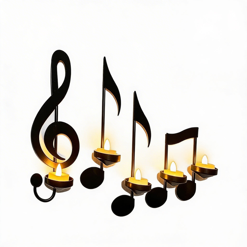 Decorative candles shaped like musical notes on a white background