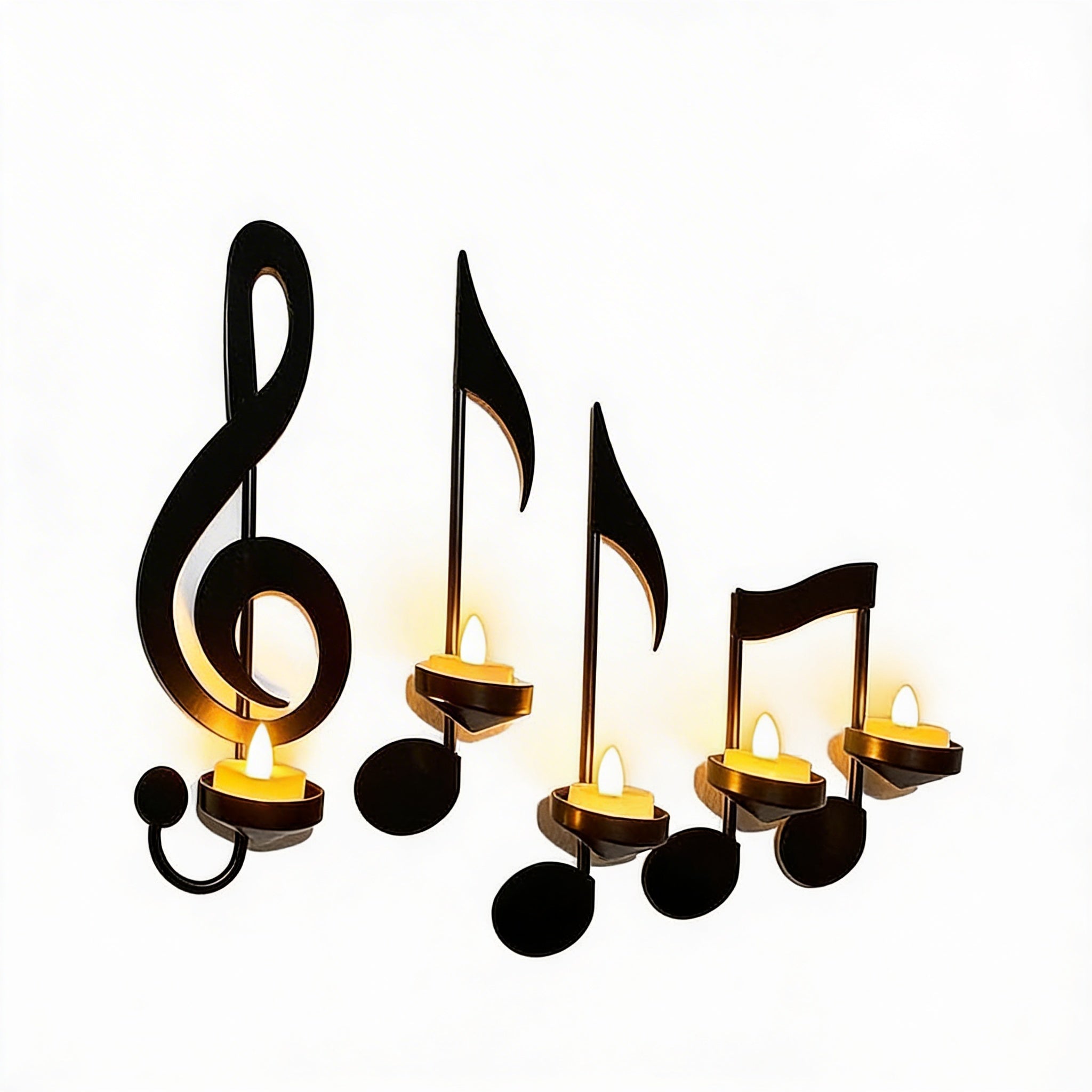 Decorative candles shaped like musical notes on a white background